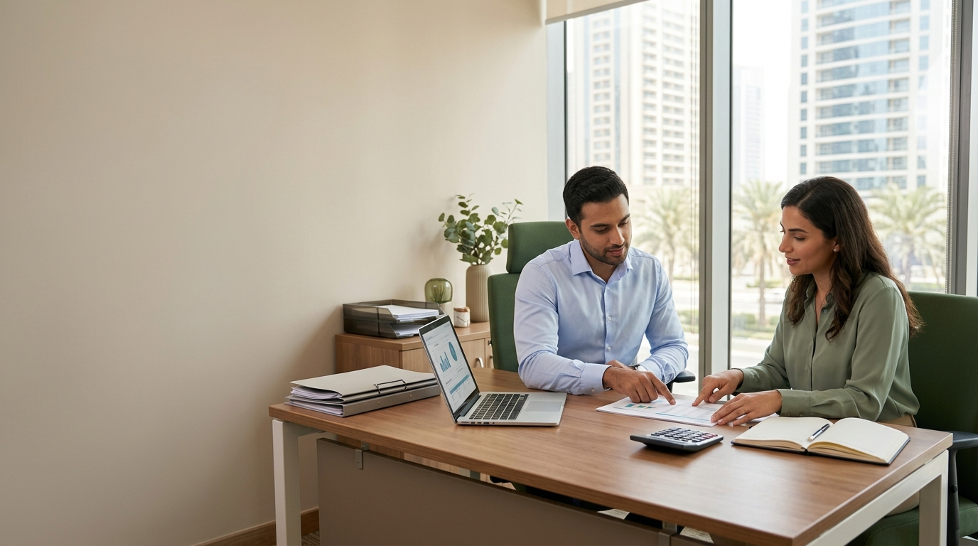 Accountant discussing business records with a client at a desk