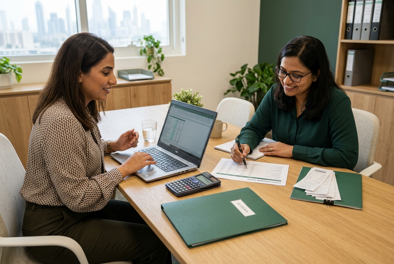 Accounting professionals reviewing financial documents together in an office