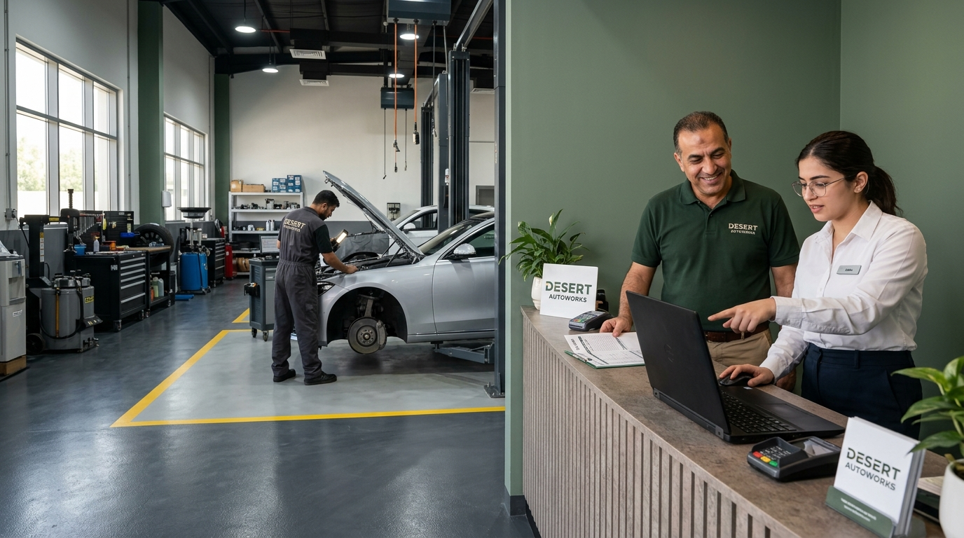 Workshop owner and service advisor reviewing an enquiry at a garage reception