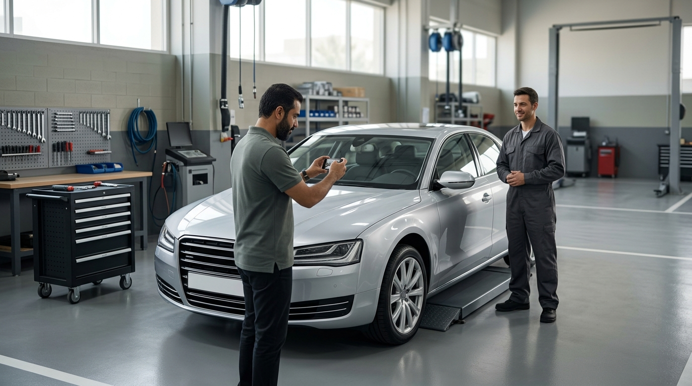 Automotive business owner photographing completed work beside a technician